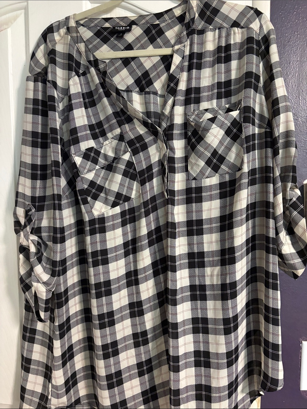 torrid Black & White Plaid Roll-Tab Tunic Shirt